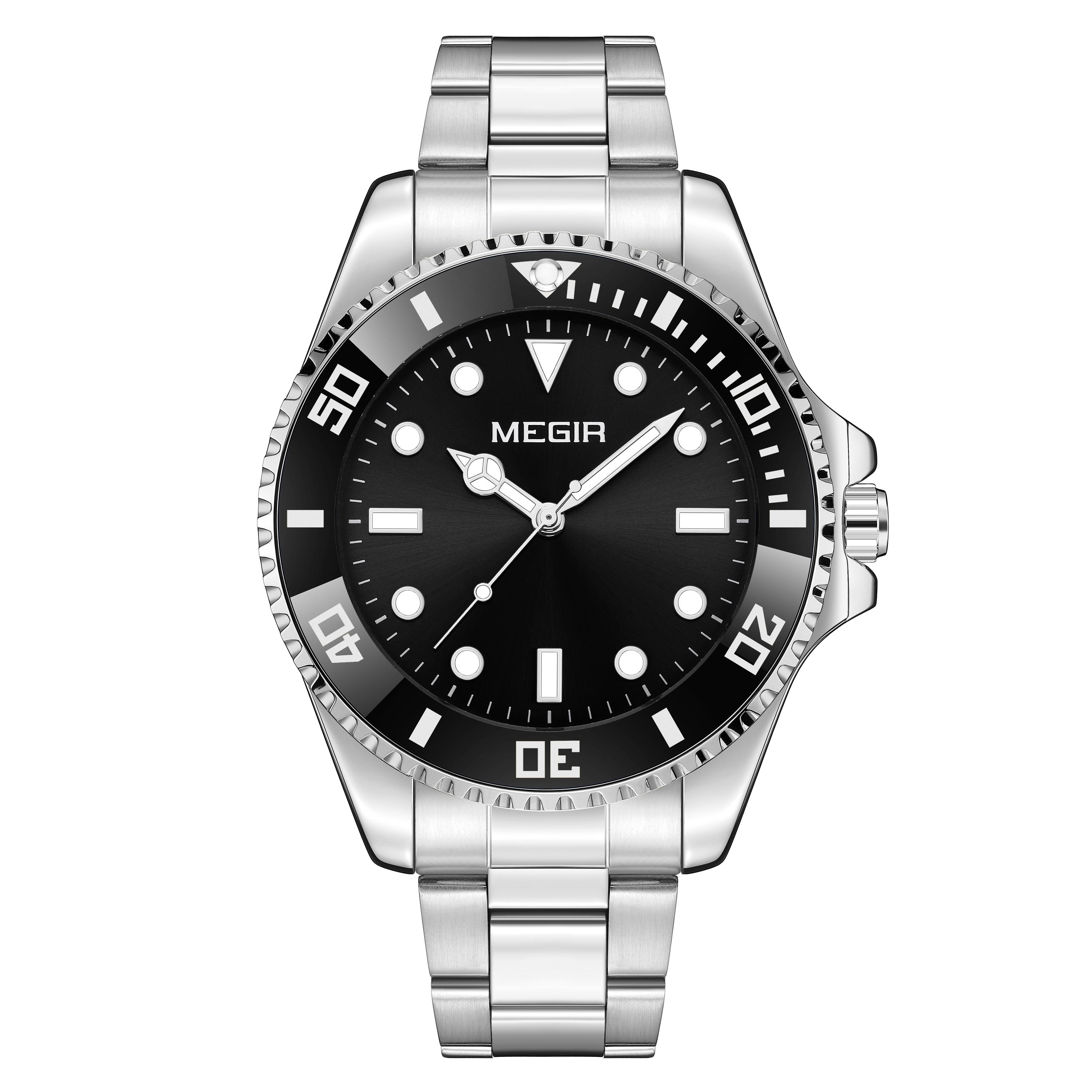 

MEGIR Luxury Stainless Steel Strap Men s Business Wristwatches Waterproof Male Quartz Military Watches Clock Reloj Hombre 1090 срібний/чорний