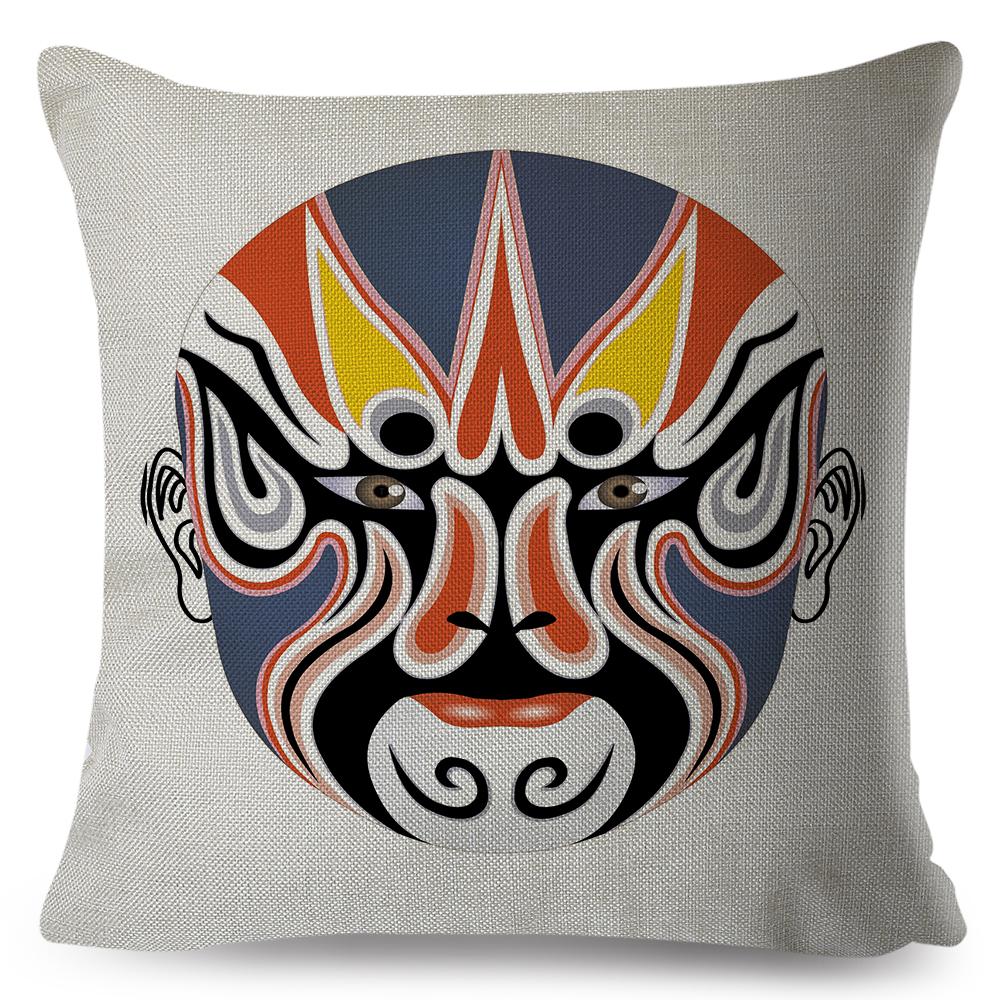 Chinese Opera Mask Pillow Xcm Original Artistic Illustration Vibrant Traditional Colors Woven Fabric Cover