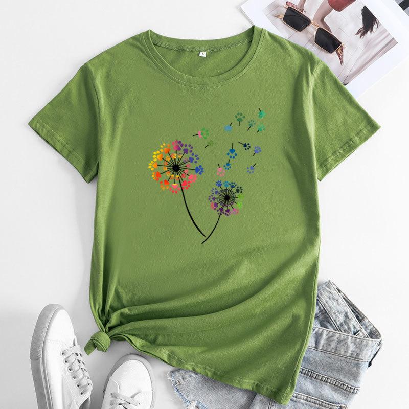Summer Round Neck Colorful Dandelion Pattern Printed Top Fashionable Casual Short Sleeved Women's Pure Cotton T-shirts