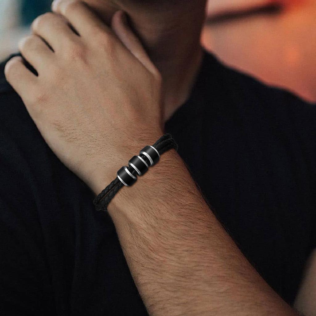 Vnox Custom 3-Layer Leather Bracelet for Men, Stainless Steel Tube Wristband, Personalized Engraved Gifts for Dad Boys Husband