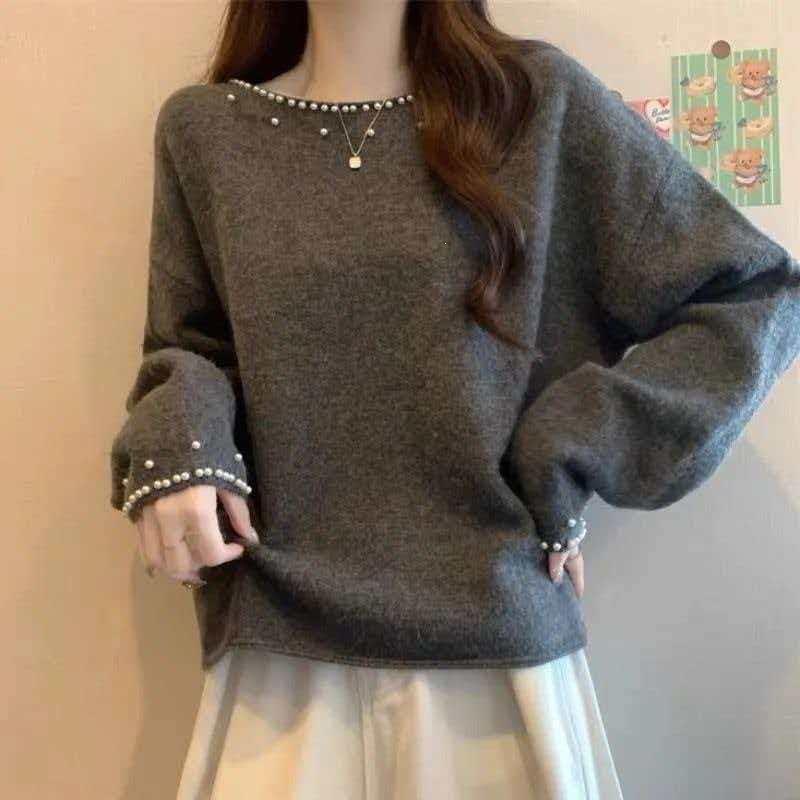 Chic Beaded Korean Style Long Sleeve Sweater - Loose Knit for Autumn/Winter 2025