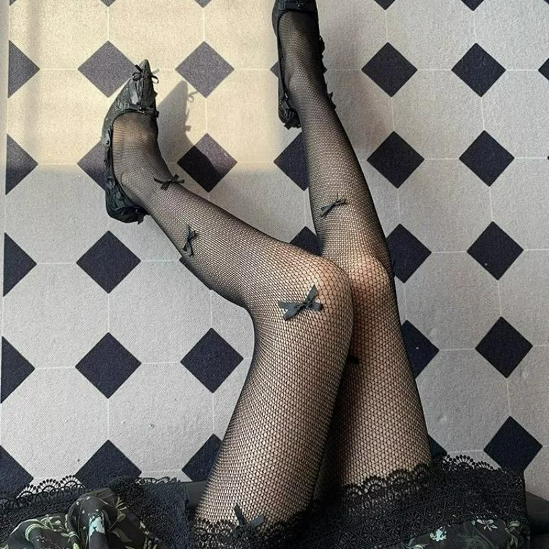 Kawaii Gothic Hollow Out Pantyhose Lolita Bow Knot Fishnet Stockings Women Spicy Girl Sexy Thin Ins Tide Lace Tights