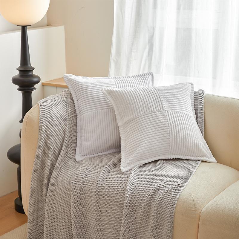 Modern Corduroy Patchwork Pillow Cover with Piping - Light Color Corn Stripe Design for Living Room Cushion