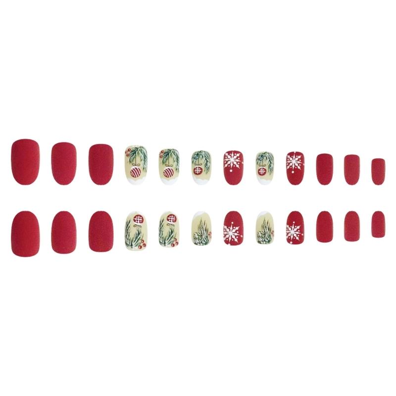 Pack of 24 Press On Nail Matte Red Christmas False Nail Green Leaves Design For Holiday Parties Event Daily Use