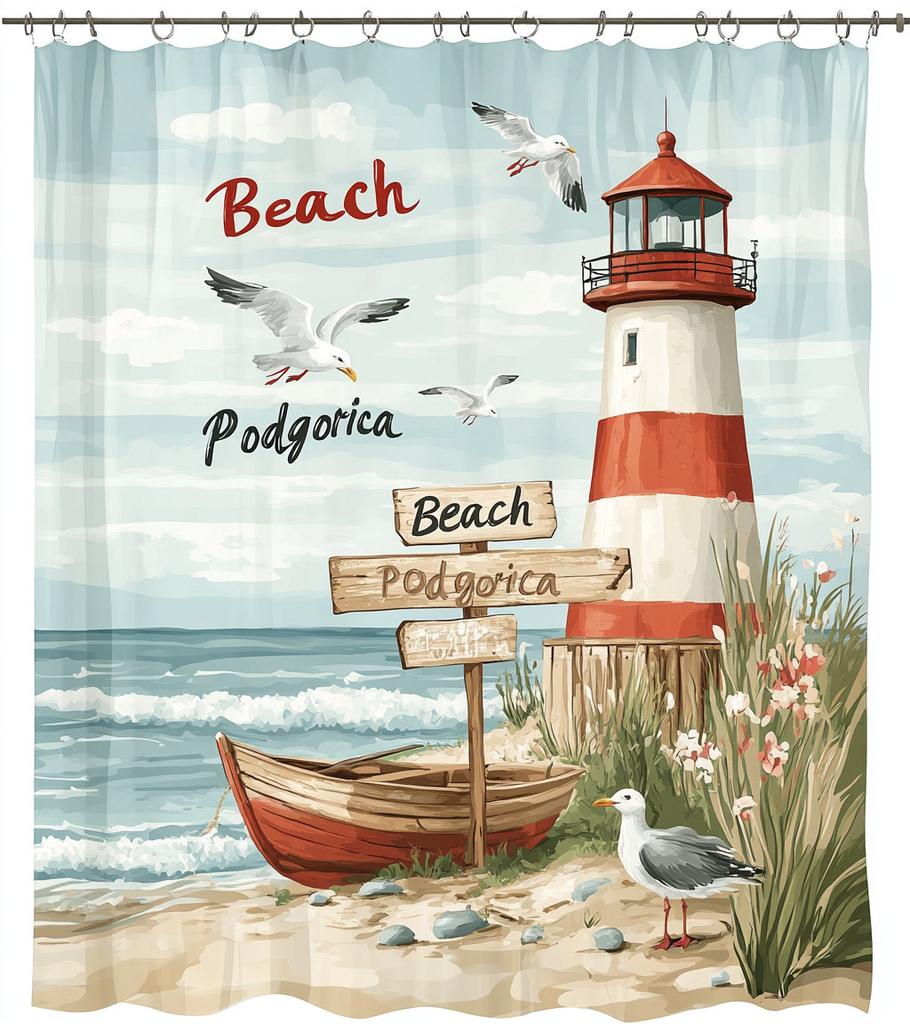 1pc Blue Beach, Lighthouse, Seaside Scenery Print Waterproof Shower Curtain Partition Privacy Hanging Curtain with 12 Hooks