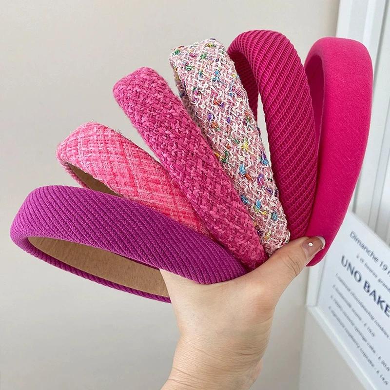 Rosenrotes Breitkrempiges Schwamm-Haarband Damen Feenhaftes Temperament Stirnband Tweed-Stoff Reifen Haarband Mädchen Haarschmuck Schmuck