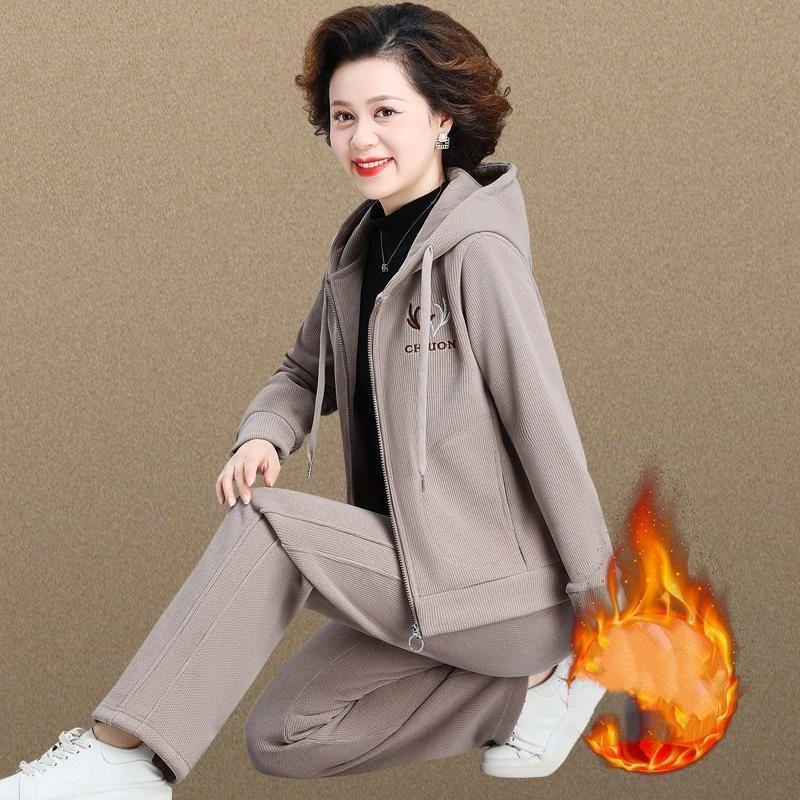 Plus Velvet Thick Jacket Casual Western Style Ladies Sweater Sportswear Suit Autumn and Winter Two-piece Suit