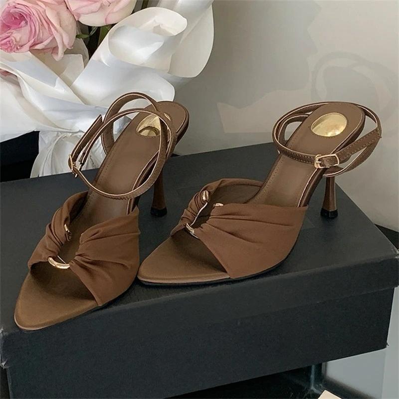 Fashion Brand High Heel Sandals Summer Pointed Toe Women Shoes Fashion Metal Buckle Strap Women Sandals Banquet Party Female Mules Shoes