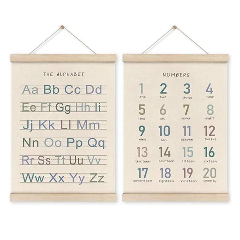 2Pieces Toddler Learning Alphabets and Number Posters with Wood Hanger Frame for Classroom and Playroom Nursery Decors