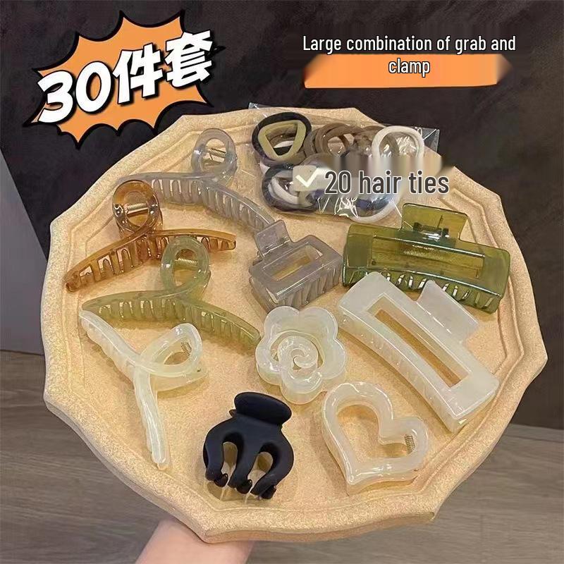 30-Piece Autumn/Winter Plush Coffee Hair Clip Set: Shark Claw Clips & Ponytail Holders