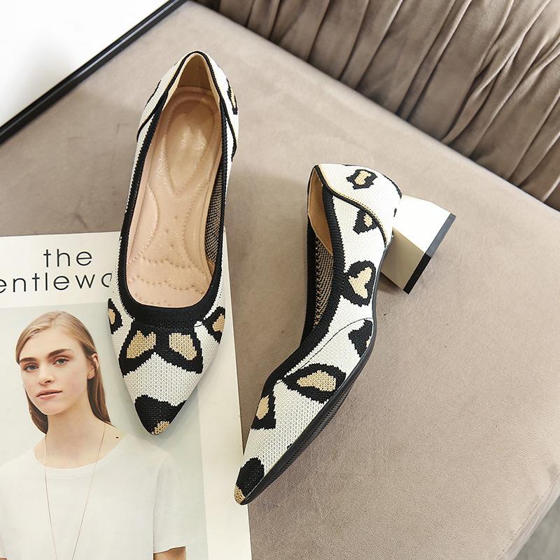High heels single shoes leopard print flying woven pointed thick heel light mouth medium heel woven high heels women
