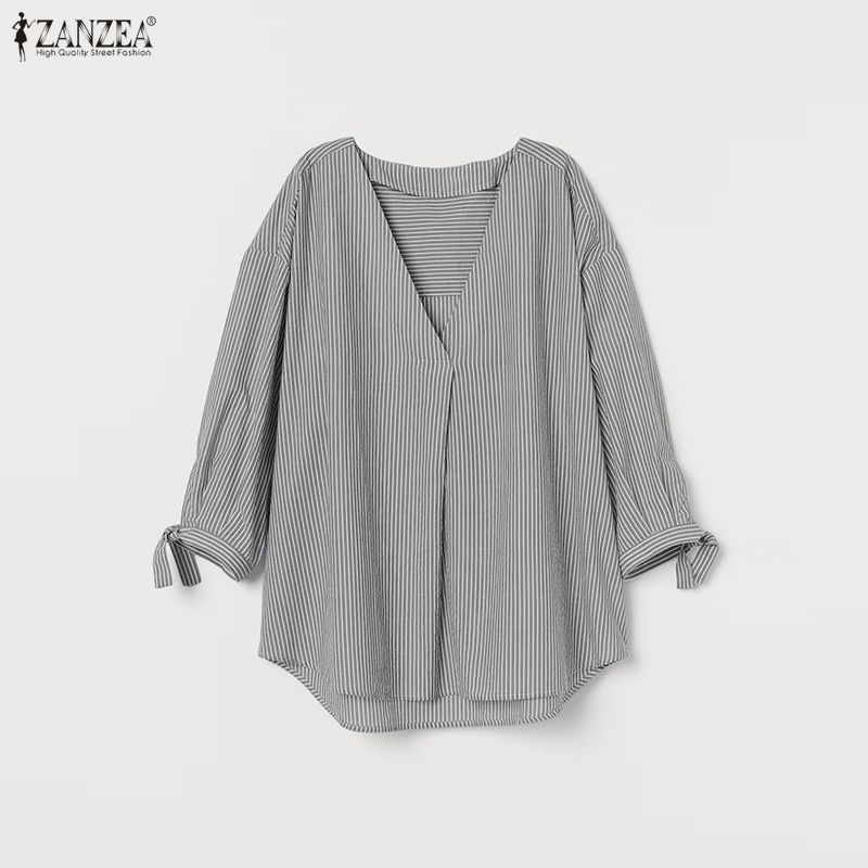 ZANZEA Women Casual Loose V Neck 3/4 Sleeve Plaid Print Irregular Blouse