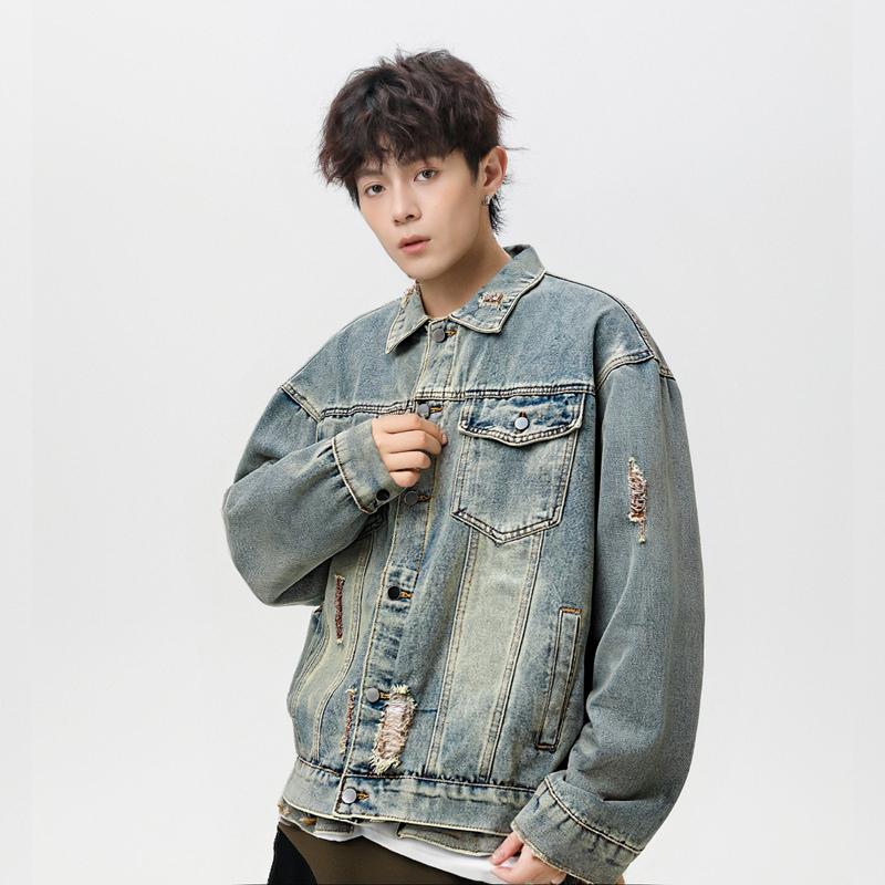 

American Retro Yellow Mud-dyed Jacket for Men In Autumn New Casual Workwear Jacket Distressed Washed Denim Jacket M жёлтый