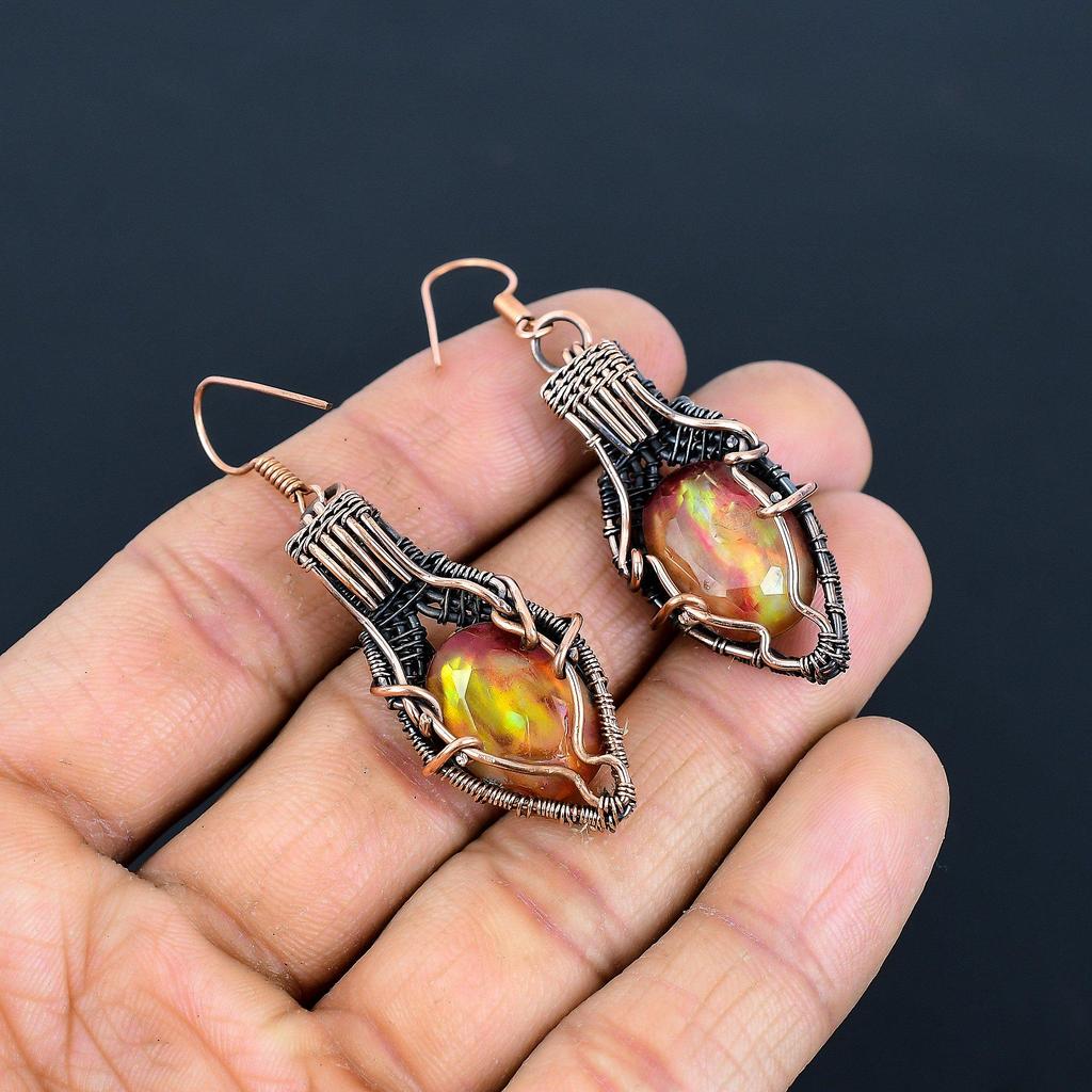 Ammolite Earrings Gemstone Jewelry, 999 Copper Wire Wrapped Handmade Earrings, Latest Design Jewelry