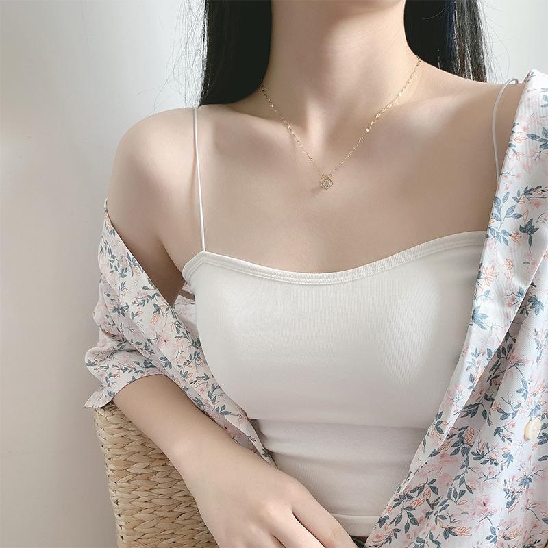 Korean Zircon Crystal Hollow Square Necklace for Women Stainless Steel Square Pendant Necklace Fashion Clavicle Chain Jewelry