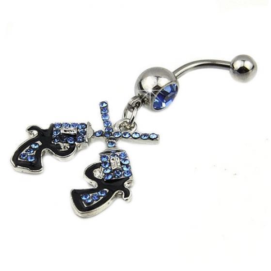 Gray Western Cowboy Cowgirl Revolver Pistol Gun Dangle Belly Button Ring Navel