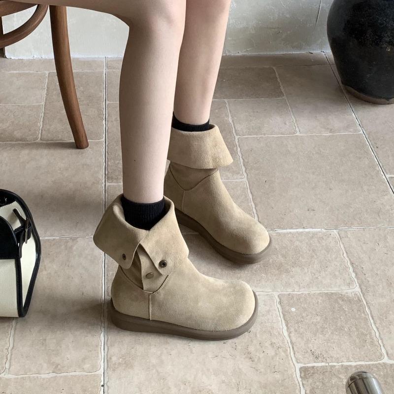 Cowhide version~ lapel ugly cute big head short boots women's new spring and autumn single boots retro platform Martin boots