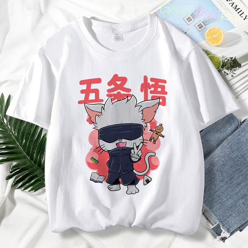 Japonské tričko Manga Jujutsu Kaisen Top Dámské Anime Gojo Satoru Tričko s potiskem Funny Gojo Cat Grafika Tričko Kawaii Neformální topy
