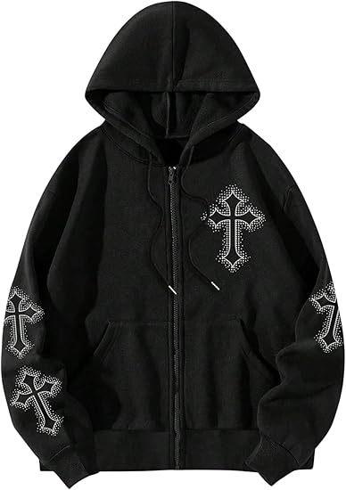 Hot-selling Street-style Cross Print Hooded Sweatshirt for Men, American High Street Zip-up Cardigan
