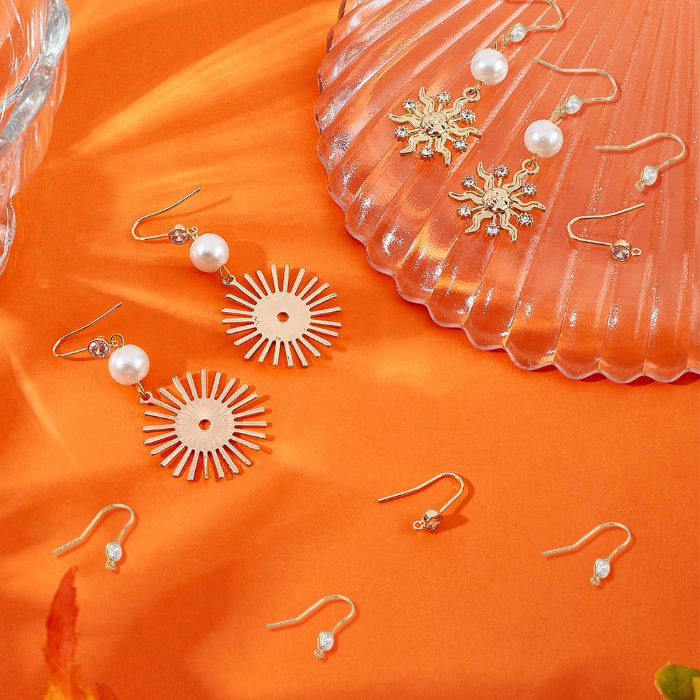 Beebeecraft 16Pcs 2 Sizes Cubic Zirconia Earring Hooks 18K Gold Plated Ear Wire Fish Hooks with Loop Round Rhinestone Earring Components for DIY
