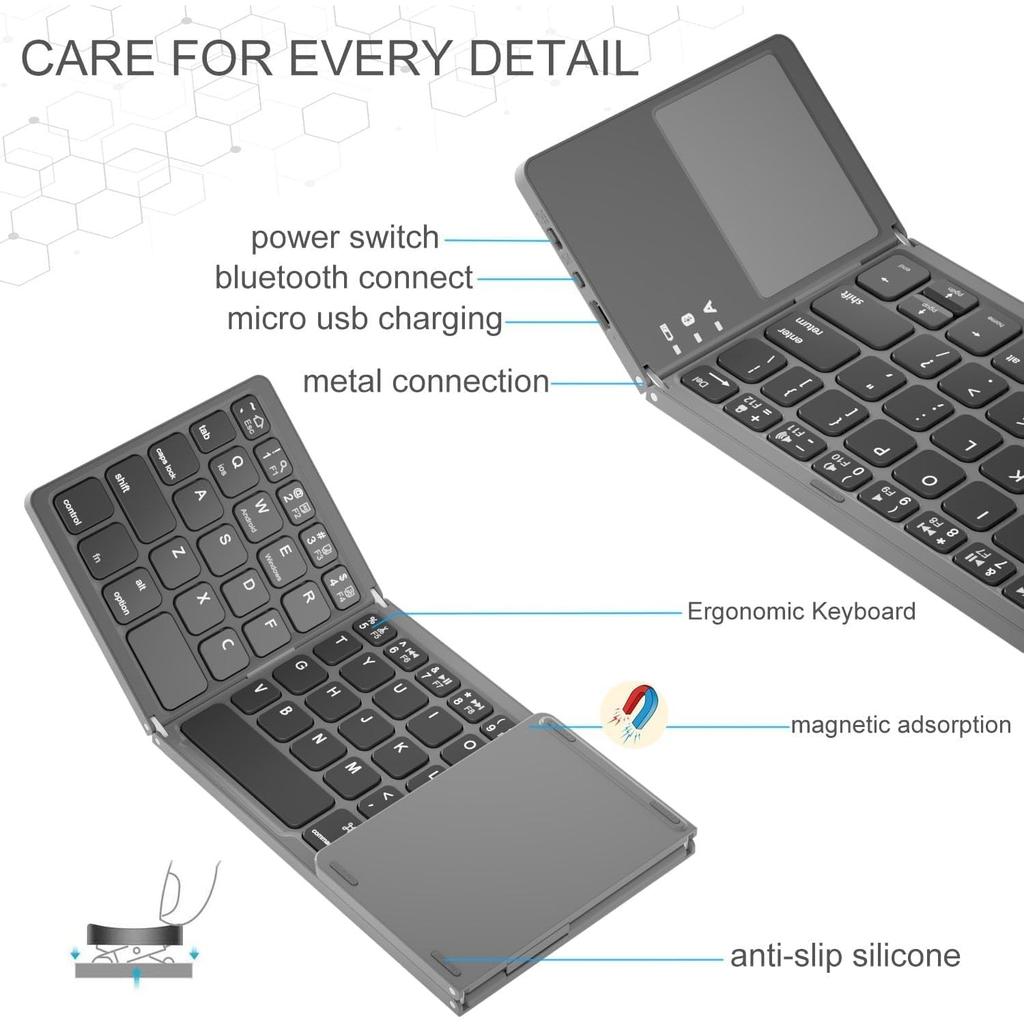 Foldable Bluetooth Keyboard,Wireless Portable Keyboard with touchpad,Rechargeable Pocket-Size Folding Travel Keyboard for iOS,Android,Windows