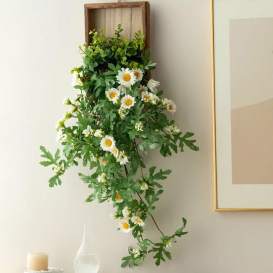 Artificial Hanging Plants with Wooden Frame Wall Hanging Faux Leaves Plants with Flowers Fake Greenery Vine for Living Room Bedroom Indoor Decor