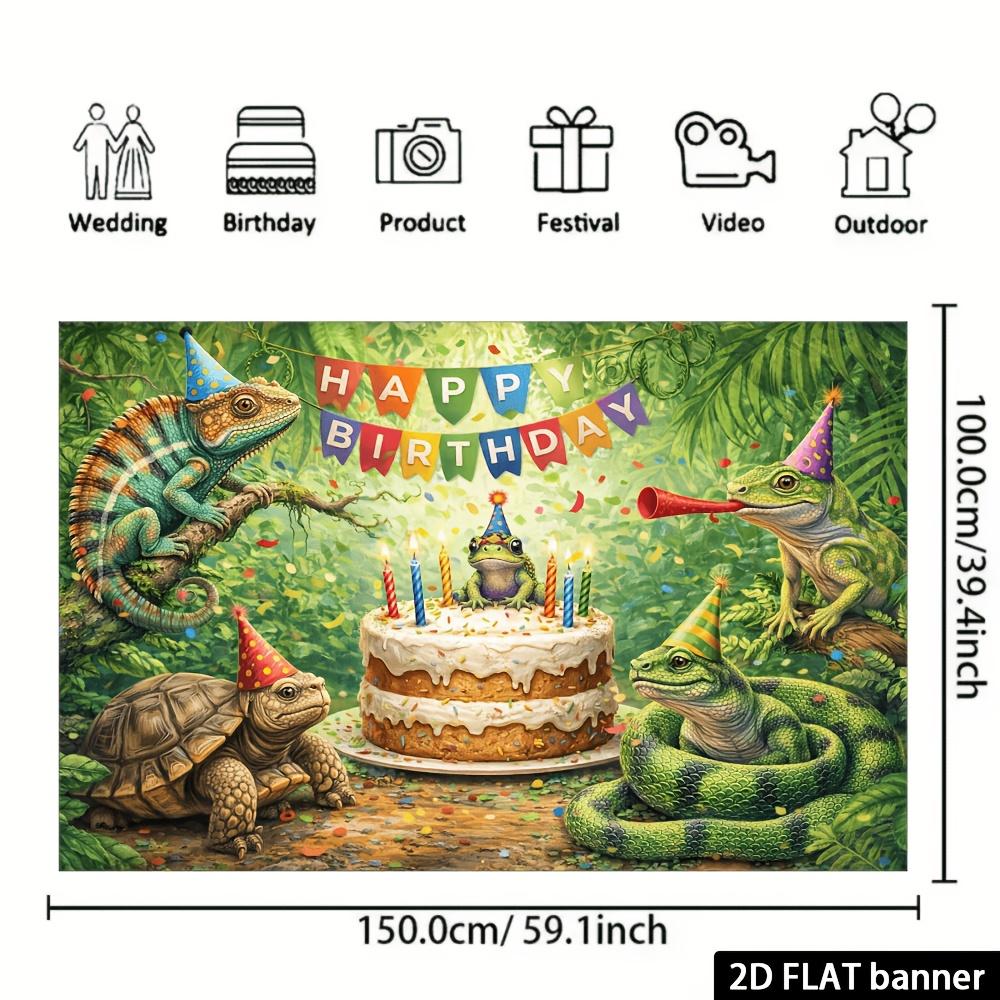 Bannière d'anniversaire 2D plate - Thème reptiles de la jungle, adaptée aux réunions de famille et aux événements de bureau