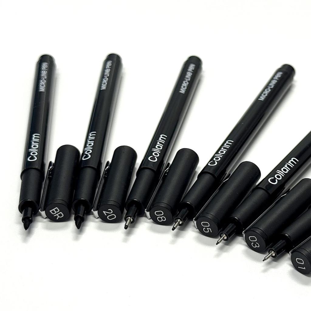Professional Black Fineliner Pens Set - 6 Pieces (0.1mm To 2.0mm) with Brush Tip - Archival Ink