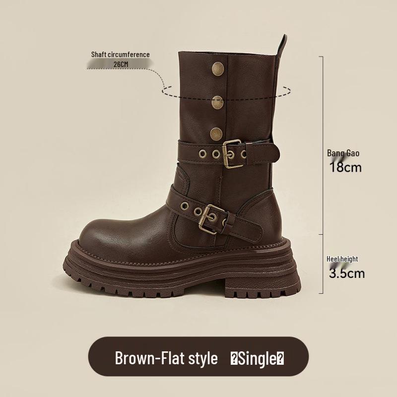 2025 New Women's British Style Martin Boots - Brown Retro Mid-Calf, Perfect for Early Autumn with Skirts