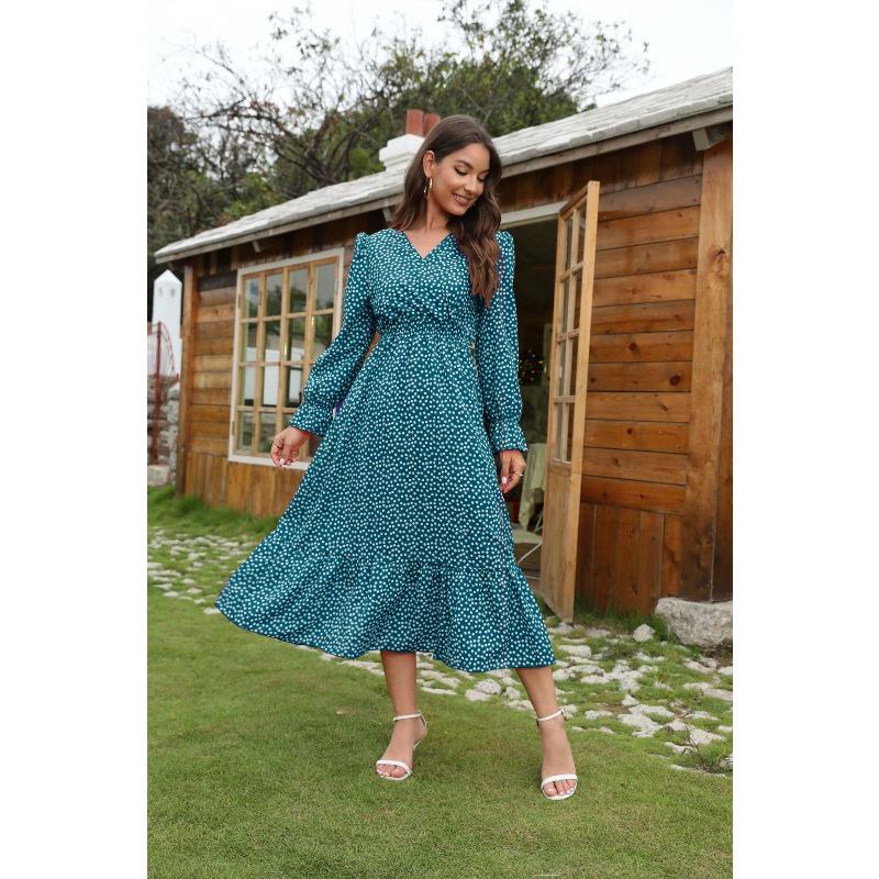 QICED Women's Fashion Spring Autumn Long Sleeve V-Neck Casual Dresses