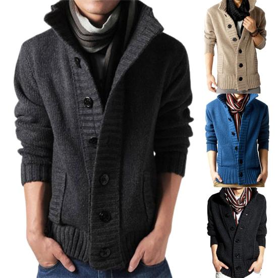 Stand Collar Long Sleeve Men Cardigan Side Pockets Buttons Closure Solid Color Sweater