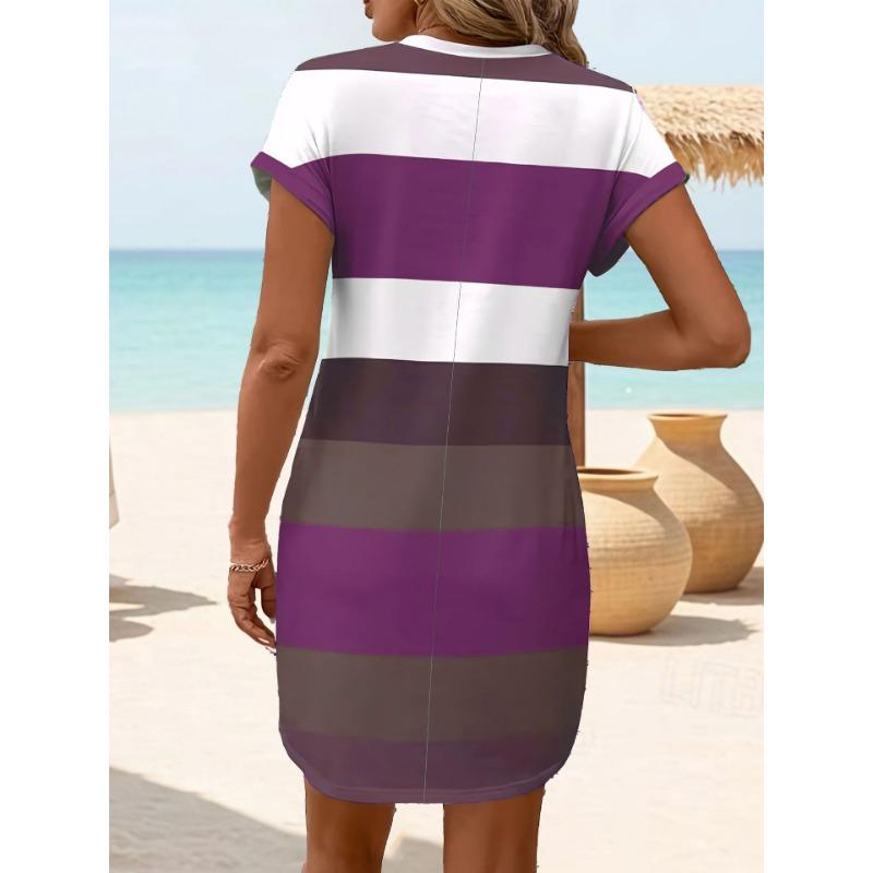 Schickes Übergrößenkleid Sommer Elegant Streifen Aufkrempelbare Ärmel Taschen Bequem & Lässig Damenkleider