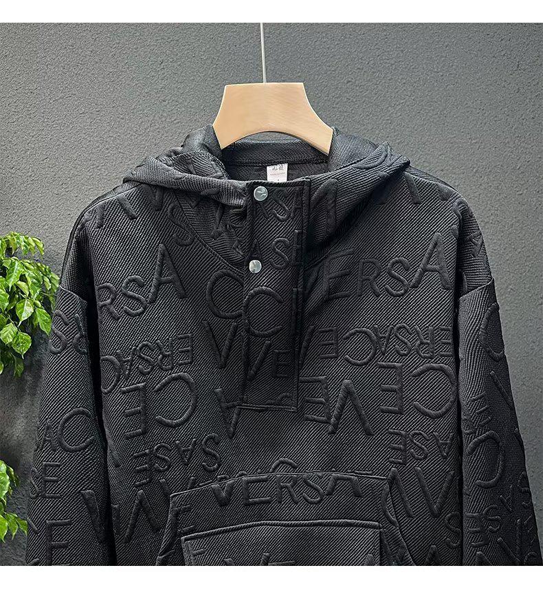 Trendy Casual Jacquard Sweatshirt with Letter Embroidery - Loose Fit, Round Neck, Long Sleeves