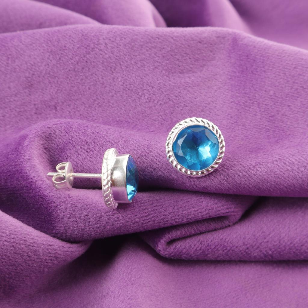 Round Natural Swiss Blue Topaz 925 Sterling Silver Wife Gift Stud Post Earrings EE-147-5