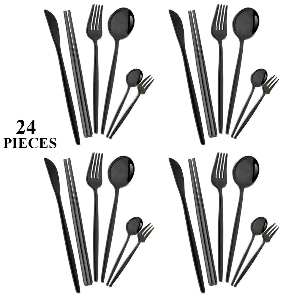 24Pcs White Gold Dinnerware Set Stainless Steel Tableware Knife Fork Spoons Teaspoon Chopsticks Cutlery Set Kitchen Flatware