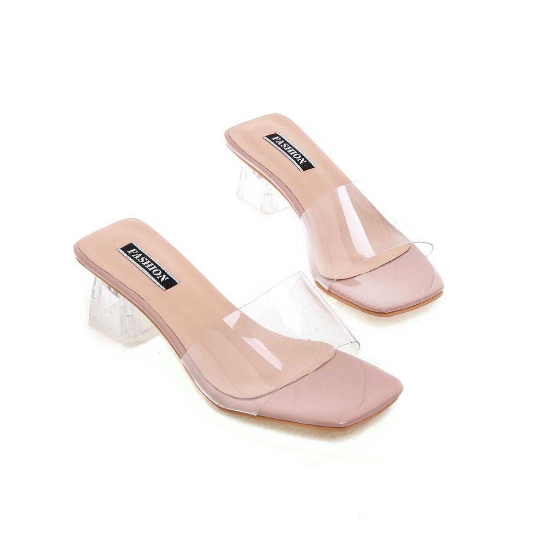 

2025 summer new thick heel one-word slippers women s Korean version candy color fashion medium heel women s cool slippers 40 рожевий