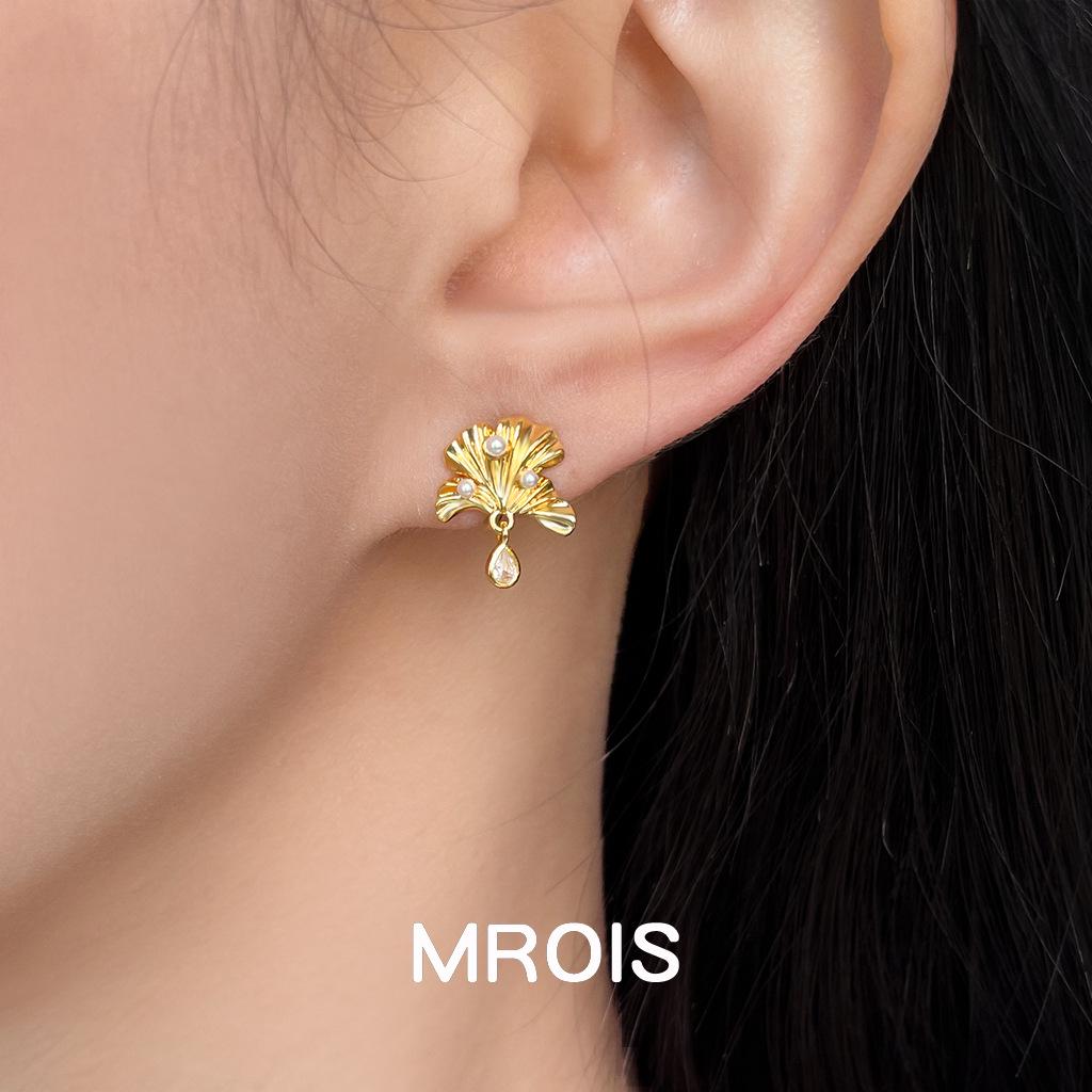 18k Vergoldete Ginkgoblatt Zirkon Ohrstecker - Eleganter Französischer Retro-Stil für Damen