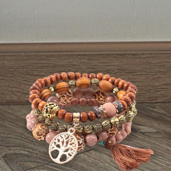 4Pcs Unisex Fashion Wooden Beads Tassel Strand Bangle Bracelet Jewelry Gift