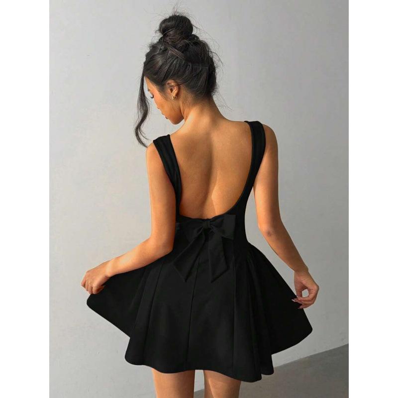 Europe, America 2026 summer new sweet bow decoration backless square neck sleeveless dress women XXS