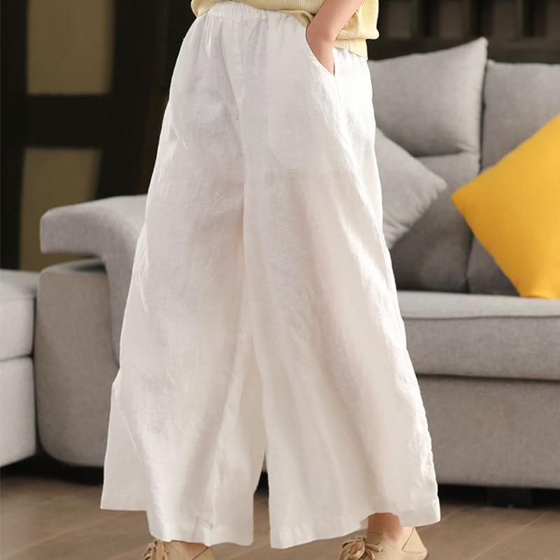 Pantalones Anchos de Lino Vintage para Mujer Cintura Elástica Color Sólido Pantalones Primavera Sueltos Casuales Largos Femeninos