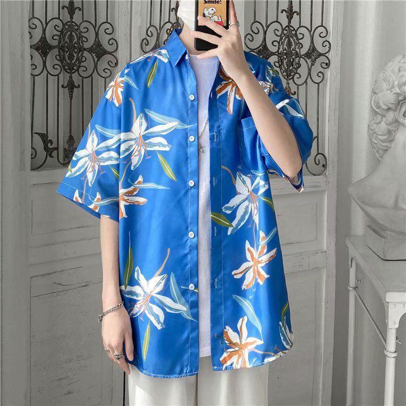 Men's Harajuku-Style Retro Floral Short-Sleeve Shirt: Hong Kong Ulzzang Beachwear with Sun Protection, Perfect for Couples.
