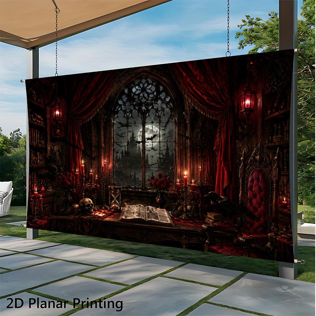 1 piece of 2D flat banner, Gothic Study Full Moon Night, indoor and outdoor courtyard decoration background fabric.zyc