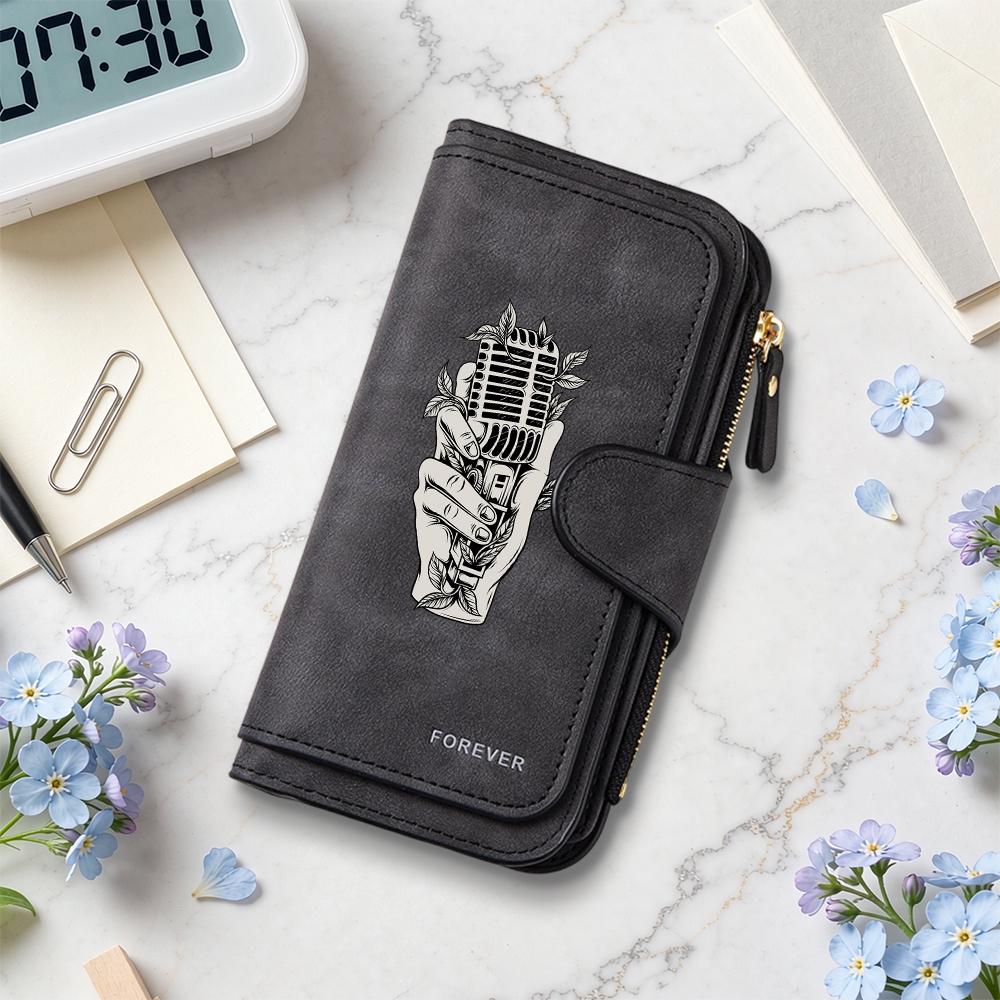 Vintage Mic Pattern Long Wallet Forever Engraved Purse for Daily Use