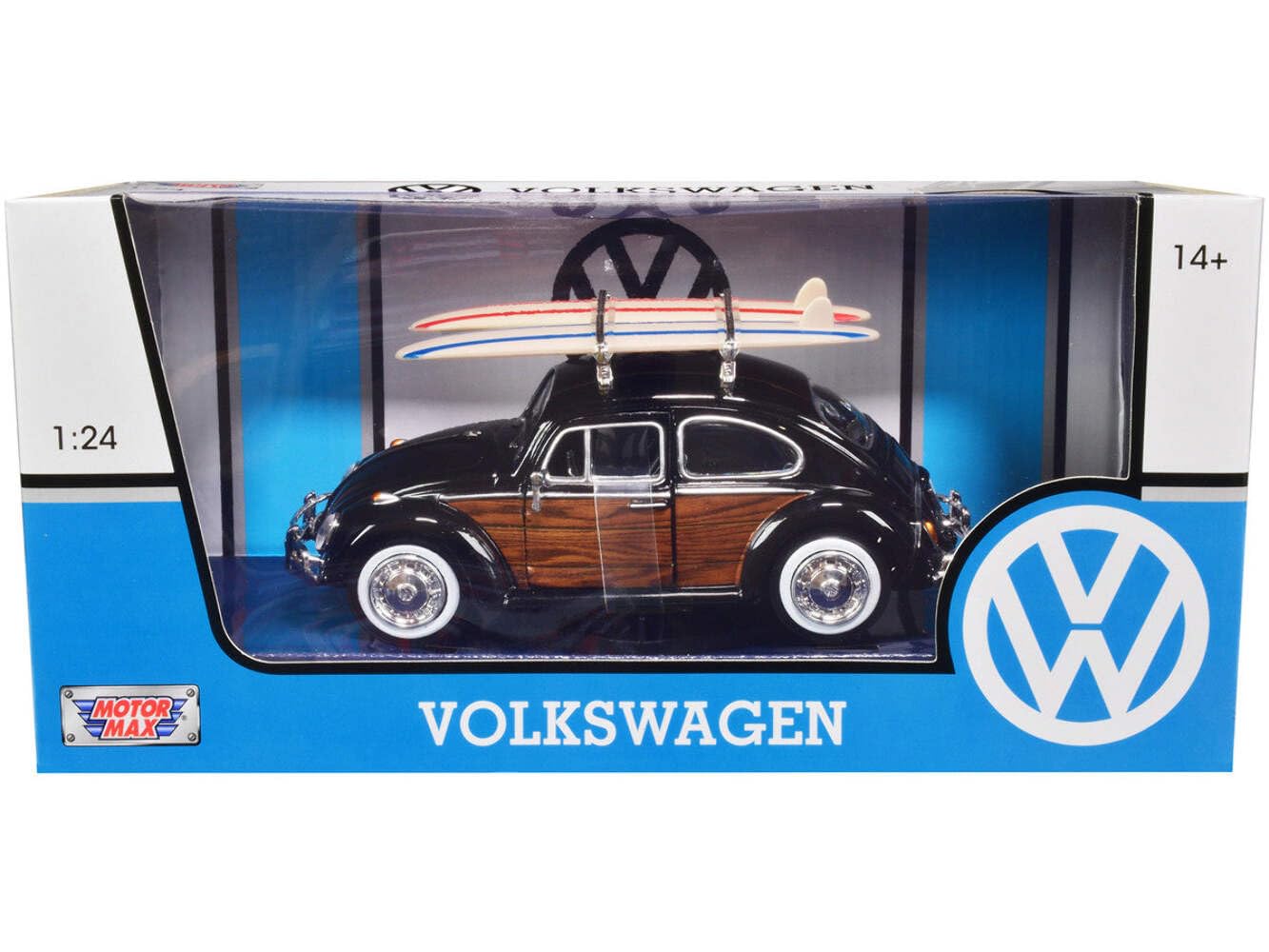 MOTORMAX scale diecast model of a 1968 Volkswagen Beetle with surfboard wood 1/24 (black panel) [Used]