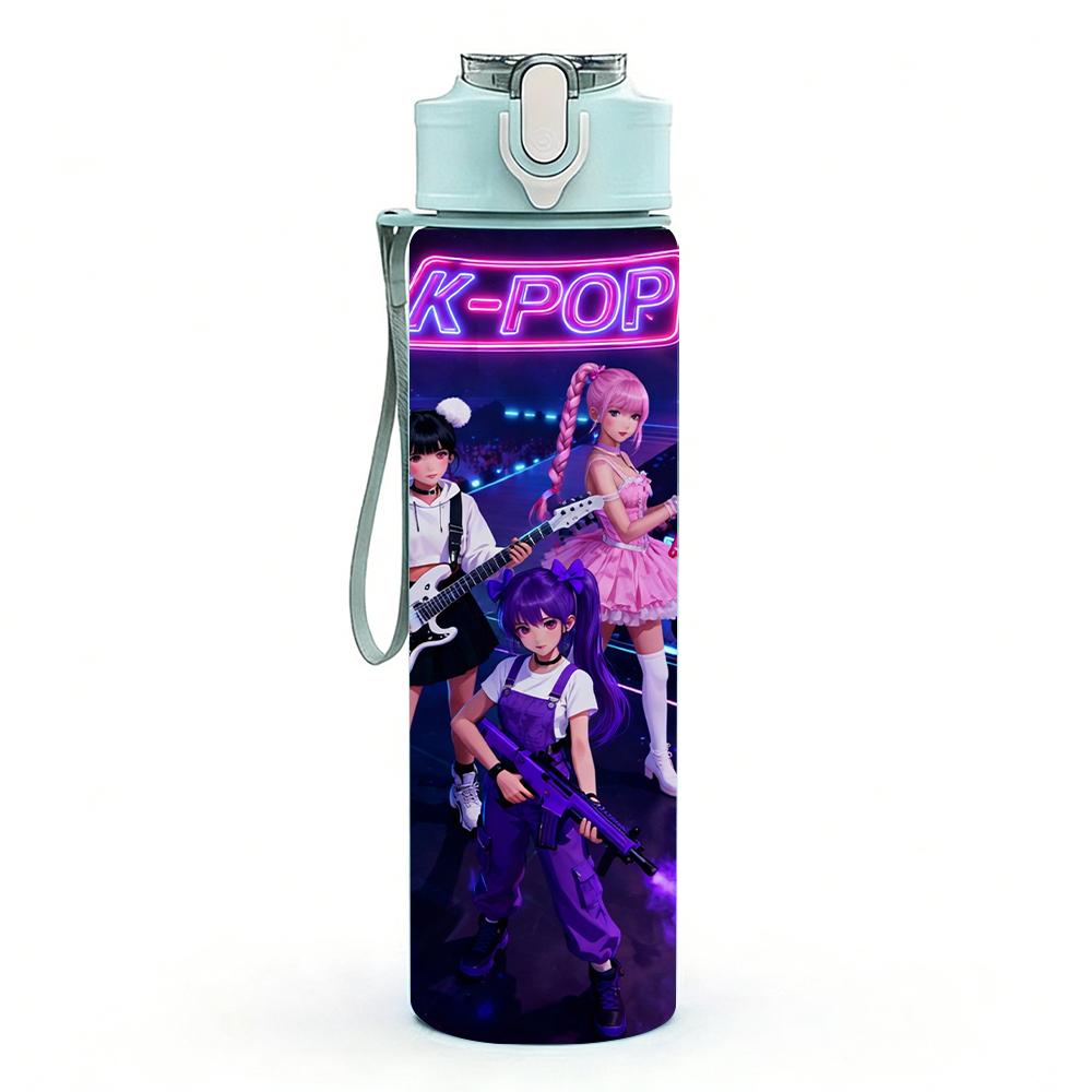 1PC Dark Neon Kpop Girl Live Stage Scene 750ml Color Plastic Water Bottle Leakproof Flip Straw Lid For Sports Office Home Use