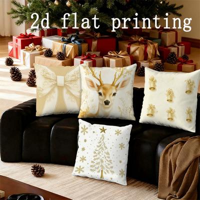 Home Decor Deer & Bows & Bells Christmas Pillow Covers Pattern Cushion Cover Suitable for Sofa Bedroom Car Pillow Cover