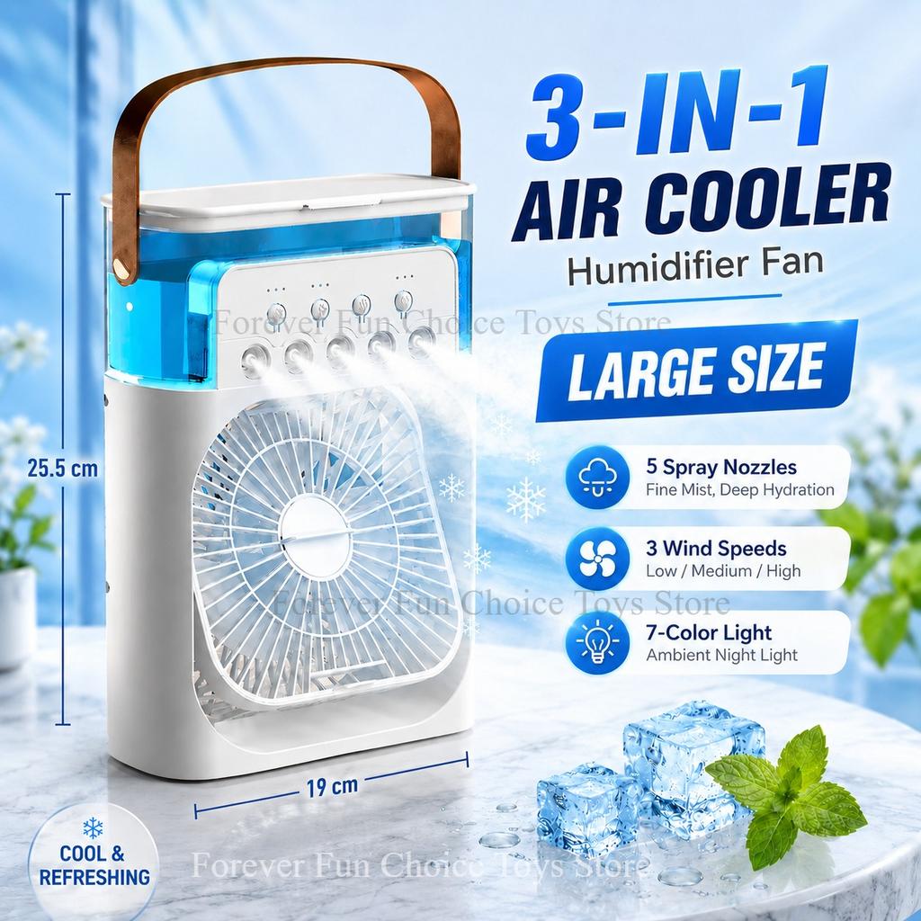 3 In-One Fan Air Conditioner 7-Type LED Light Portable Humidifier Air Conditioner Fan Outdoor Handheld Ice Pack Spray Fan