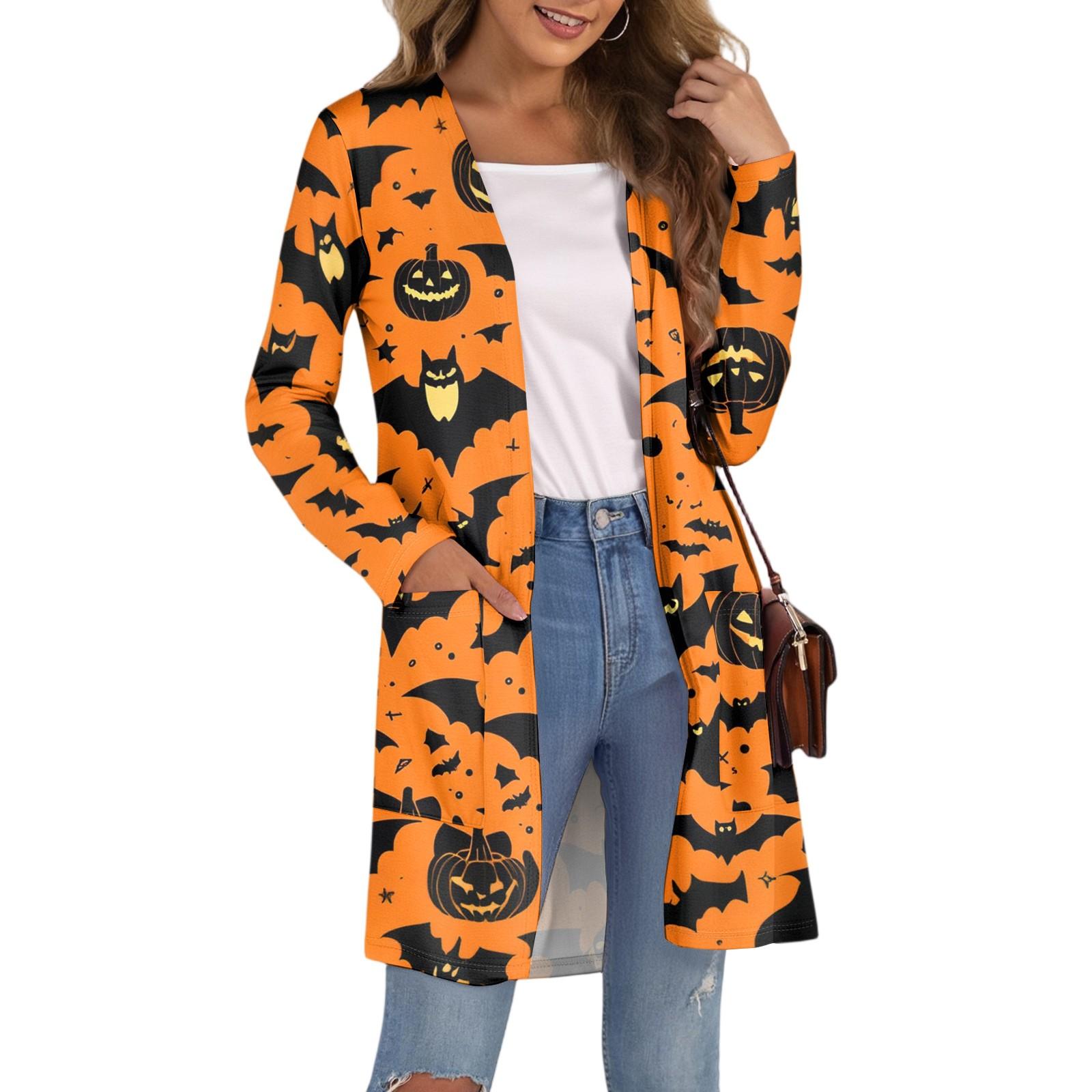 

Женский модный повседневный удобный кардиган средней длины с принтом на Хэллоуин и карманами L шафрановый