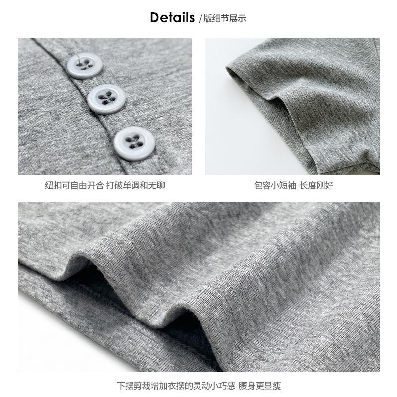 Design Sense Summer Button Crew Neck Front Shoulder Short Sleeve T-shirt Korean Version Women's Short Bottoming Shirt Spice Girls Internet Celebrity T