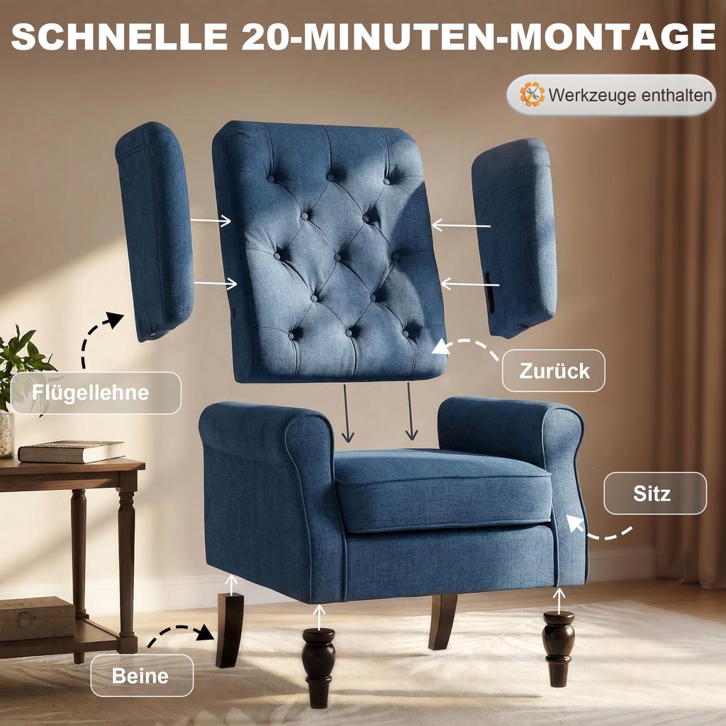 Eleganter Ohrensessel, Dick gepolstert, Abnehmbarer Bezug, 74 x 86 x 102 cm, Blau